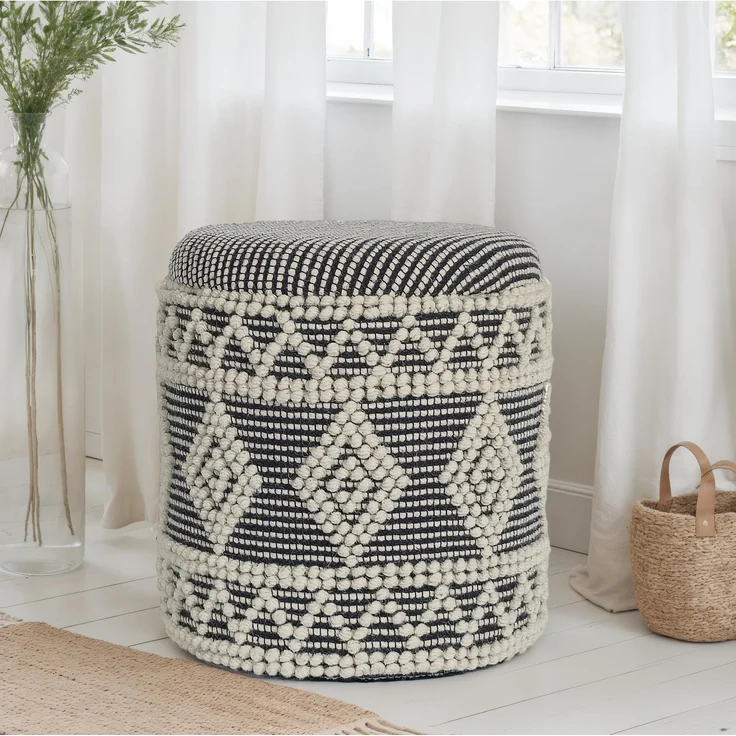 Hocker Boho Wolle Grau-Creme Ø40x45cm mit Stauraum & abnehmbarem Deckel – Bild 1