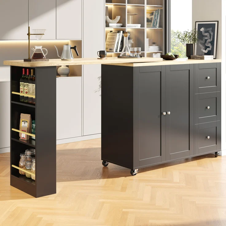 Bartischschrank Schwarz Küchentisch 360° drehbar mit Rollen, Klapptisch Sideboard mit Regalen, aus MDF modern mit Metallgriffen – Bild 2