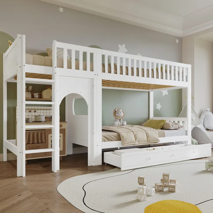 Etagenbett mit Regal, Schrank, Lattenrost und Treppe, 90x200cm, Kinderbett mit Rausfallschutz, Hochbett, Kiefer