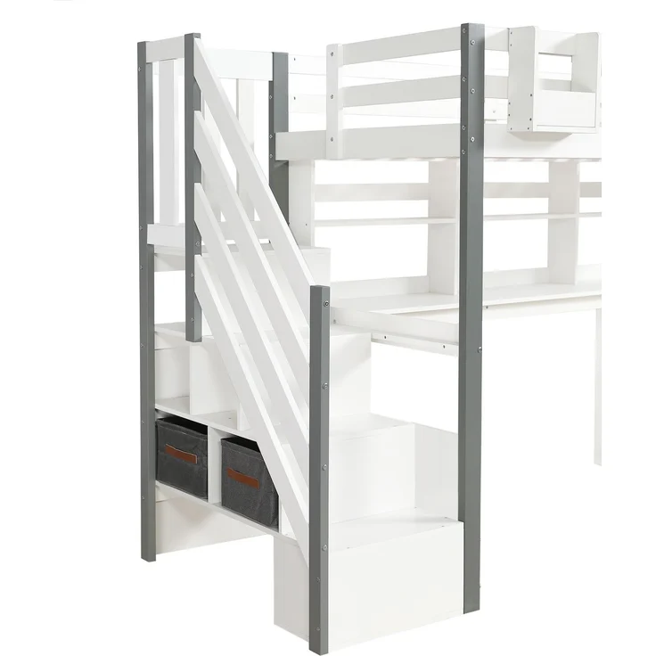 Hochbett 90x200 cm mit Schreibtisch, Stauraumtreppe und vierseitigem Rausfallschutz in Weiß-Grau, ohne Matratze – Bild 10