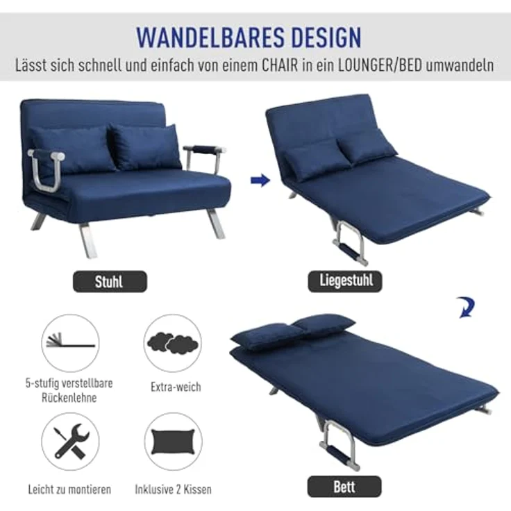 HOMCOM Schlafsofa 2er-Sofa mit Schlaffunktion, Verstellbarer Rückenlehne, Kissen, Couch 1 Teile, für Wohnzimmer, Schlafzimmer, Blau – Bild 5