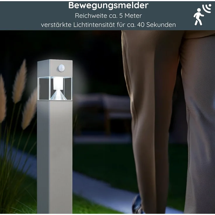 MeLiTec Solar Gartenleuchte rund/ eckig mit Bewegungsmelder, Edelstahl silber / anthrazit : Edelstahl matt : Eckig – Bild 4