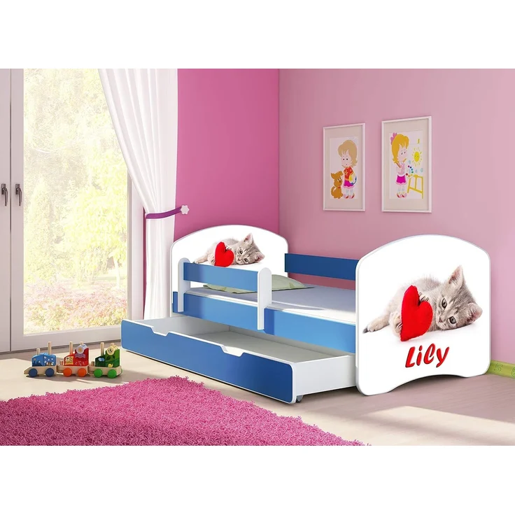 ACMA Kinderbett Jugendbett mit Einer Schublade und Matratze Blau mit Rausfallschutz Lattenrost II 140x70 160x80 180x80 (40 Katze mit Herz, 180x80 + Bettkasten) – Bild 4