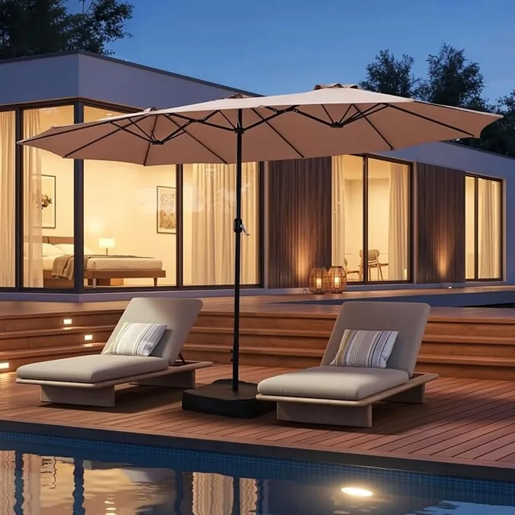 Aoxun Sonnenschirm Mit Basis 455x267cm UV Schutz Schutzhülle Kurbel Stabil Groß Garten Terrasse Balkon Doppelter Marktschirm Gartenschirm, Parasol Windfest, cremefarben,Beige