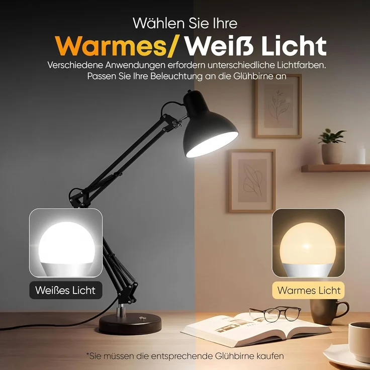 Goods+Gadgets LED Schreibtischlampe LED Schreibtischlampe mit Arm–Verstellbare Tischlampe für Büro & Home, mit Gelenk-Arm aus Metall inkl. LED Glühbirne, Arbeitslampe – Bild 7