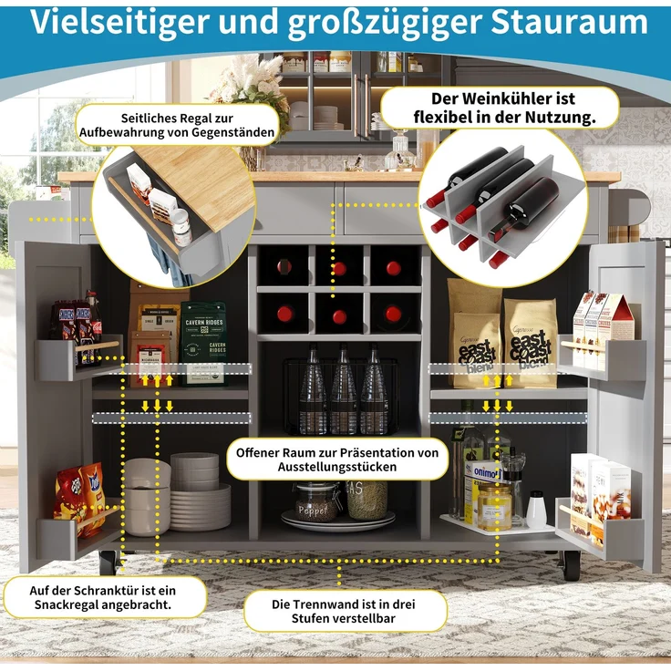 Kücheninsel Grau mit klappbarem Arbeitsbereich, multifunktionaler Esszimmerwagen, MDF-Tischplatte mit Holzmaserung, Zinkgriff,Weinregal und 360°Lenkrollen – Bild 4