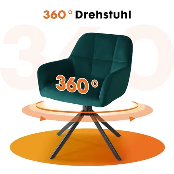Sweetcrispy Esszimmerstuhl, 360° Drehstuhl Esszimmer, Küchenstuhl, Samt Schminktisch Stuhl, bis 120 kg belastbar, Sessel mit Armlehnen Stahlbeine, Schreibtischstuhl für Arbeitszimmer, Dunkelgrün – Bild 7