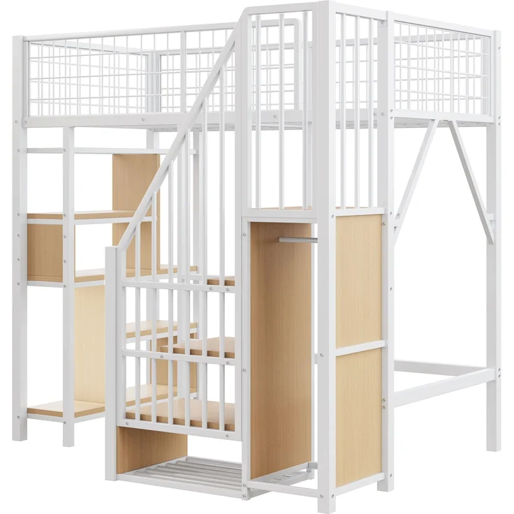 Bett 90x200 cm Hochbett mit Stauraumtreppe – platzsparendes Weißes Metall-Holz-Design – Bild 8