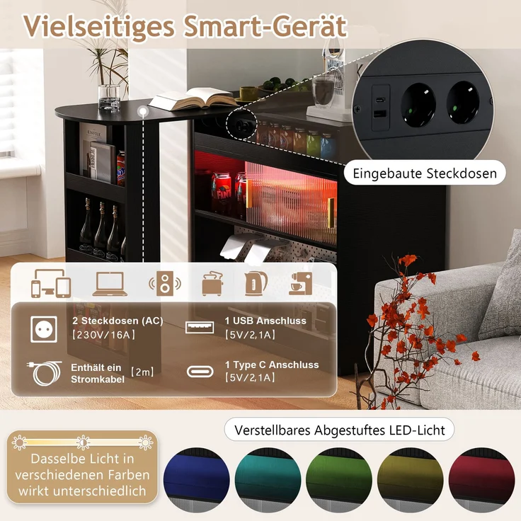 Merax Bartisch, Ausziehbar 360° Drehbare Sideboard mit Stauraum und LED-Beleuchtung, Reversibel Sideboard mit Lochbrett und Steckdosen(Schwarz) – Bild 9
