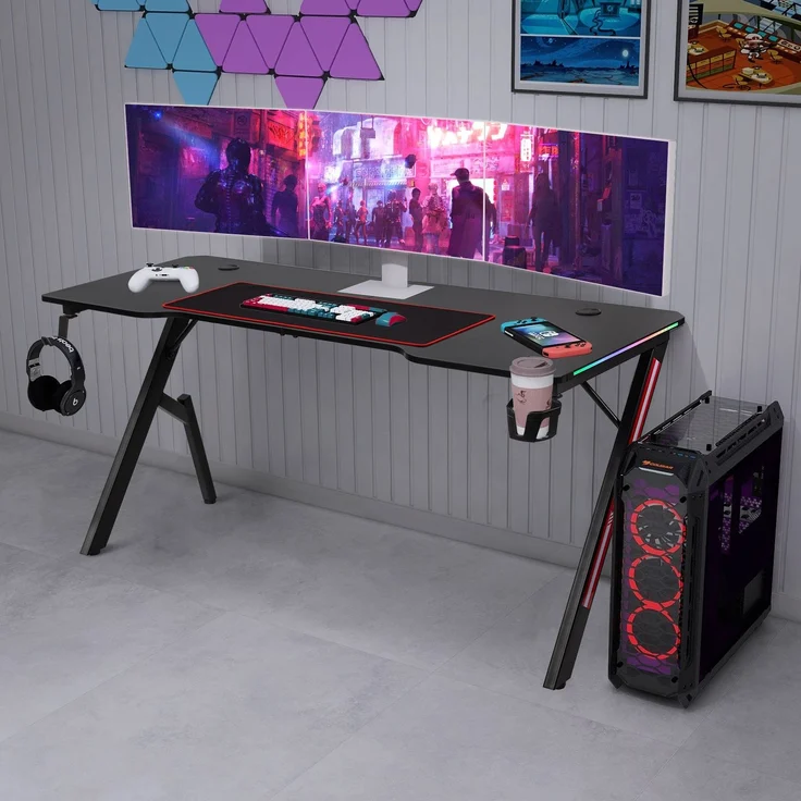 Todeco 160 x 60cm Gaming Tisch mit LED, Gaming Schreibtisch, PC Tisch Gaming mit Kohlefaseroberfläche, mit Kopfhörerhaken Getränkehalter, Ergonomischer PC Gaming Tisch – Bild 2