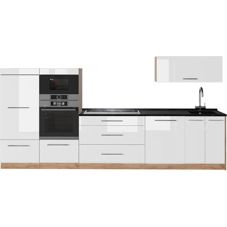 Küchenzeile Fame-Line Weiß Hochglanz/Goldkraft Eiche 340 cm, AP Anthrazit Vicco – Bild 1