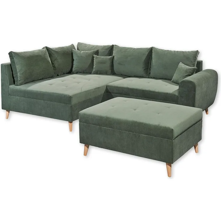 CALANDA Ecksofa mit Hocker, Stoffbezug Moosgrün - Moderne Eckcouch mit Kissen & Massivholz Füßen - 249 x 94 x 175 cm (B/H/T)