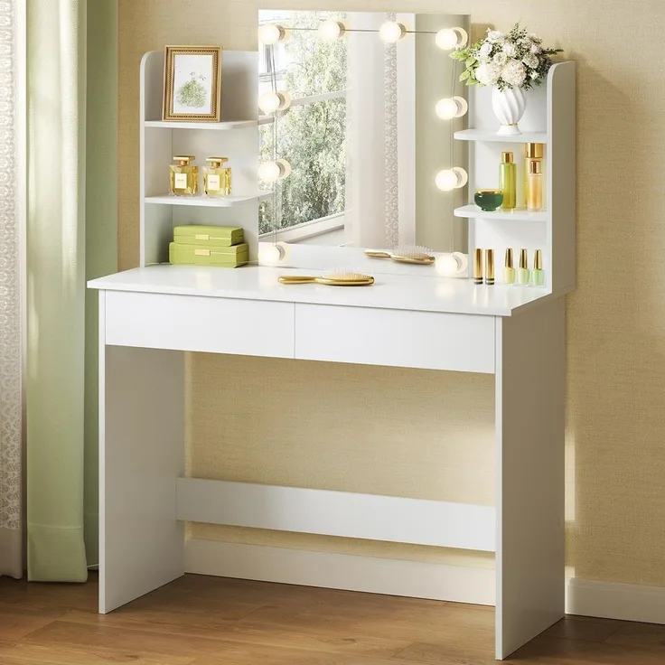 WOLTU Schminktisch Hollywood mit LED-Beleuchtung, Spiegel, 2 Schubladen und 4 offene Ablagen, Holz weiß, 90 x 135 x 40 cm