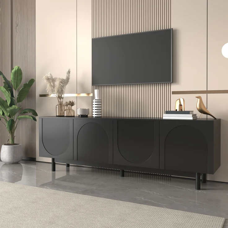 TV-Schrank Schwarz 175 x 38 x 56 cm mit 4 Türen Push-to-Open Stauraum – Bild 1