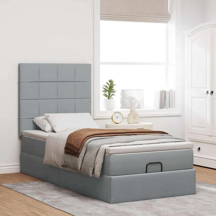 vidaXL Ottoman-Bett mit Matratze Hellgrau 100x200 cm Stoff 3313133 – Bild 3