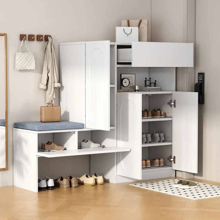 Weißer Schuhschrank mit Sitzbank und höhenverstellbaren Fächern 130 cm Moderner Schuhorganizer für Diele mit Soft Close Funktion Schuhregal Aufbewahrungsbank mit abnehmbarer Sitzauflage và Kippsicherung, 130cmx35cmx110cm, Weiß – Bild 2