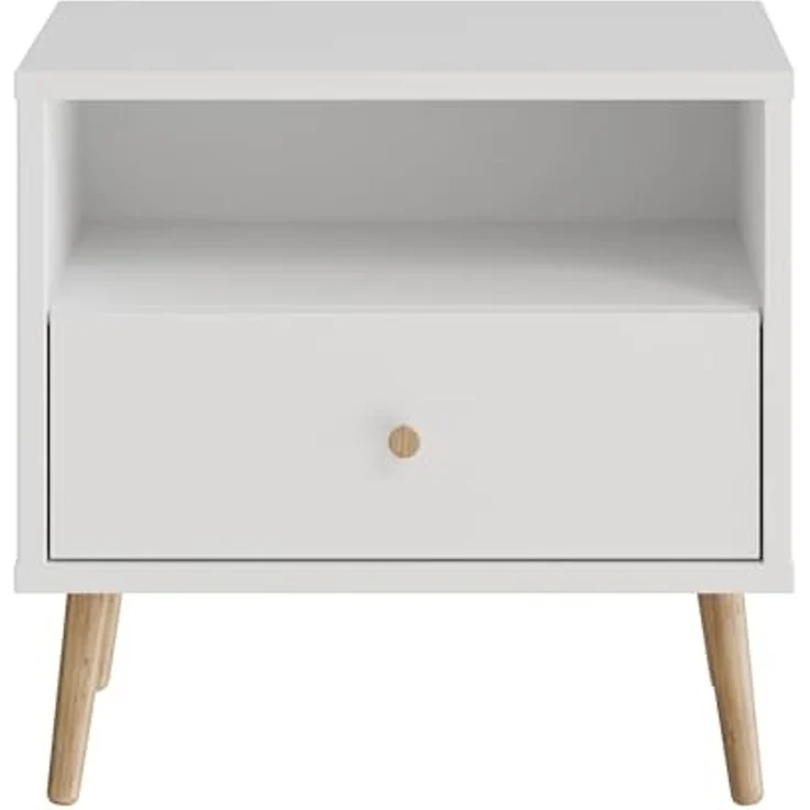 Forte HARLLSON Nachtschrank 60, Mid-Century-Modern Stil, leichte Montage Dank EasyKlix by Forte, 1 Schublade und 1 Ablage, Holzwerkstoff, Weiß, 59,8 cm breit x 57,7 cm hoch x 41,5 cm tief – Bild 4