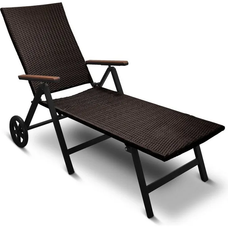 DM-Handel Rollliege Aluminium Rattanliege Modern Klappliege Sonnenliege, Relaxliege, 1 Gartenliege, 7 Fach verstellbar, Eukalyptusholz, klappbar, platzsparend, auf Rollen