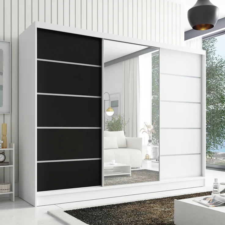 A&J MöbelLand Schwebetürenschrank AURELIA, Weiß, Schwarz, Weiß, Leiste: Weiß – Bild 2