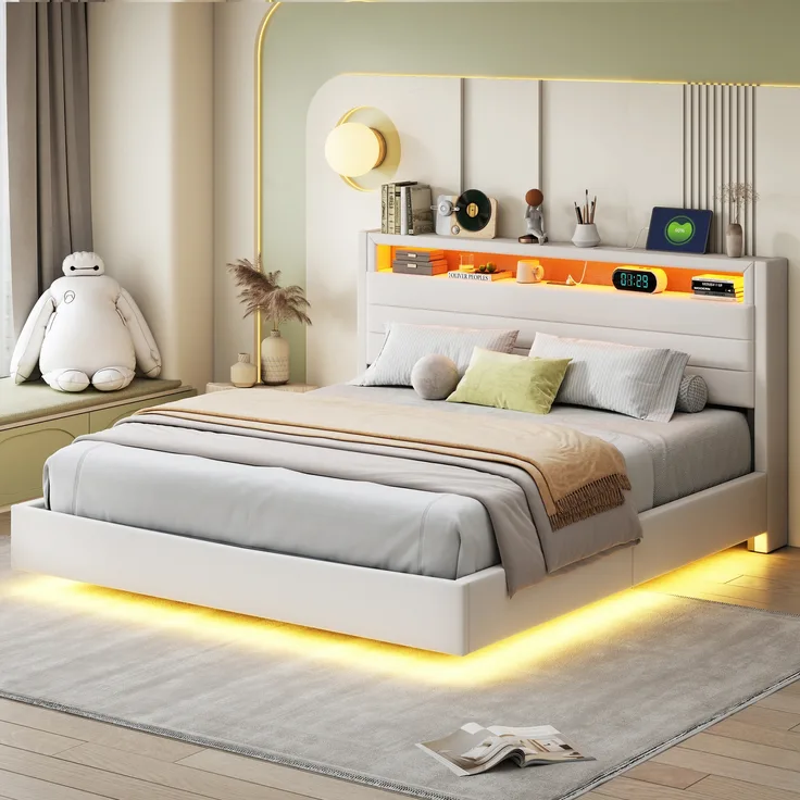 Polsterbett 160x200 cm mit LED, USB, Stauraum & wendbarem Kopfteil in Beige, ohne Matratze