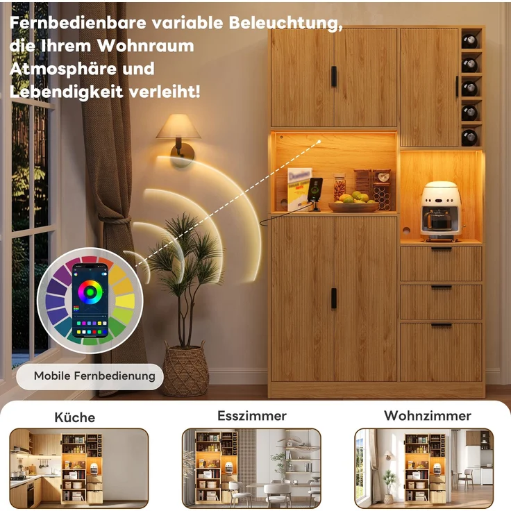 ZUBALIYA Weinschrank 105x40x180 cm, mit LED-Beleuchtung, mit Steckdosen, mit verstellbaren Einlegeböden, aus MDF, Natur – Bild 22