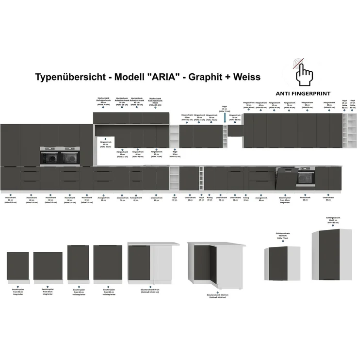 Küchen Hängeschrank 80 cm - Höhe 90 cm ARIA Graphite ultra matt + Weiss matt, hochwertige Fronten mit Anti Fingerprint Beschichtung Küchenzeile Küchenblock – Bild 5