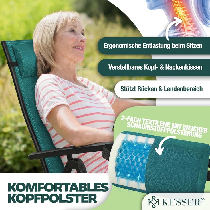 KESSER® Gartenstuhl Hochlehner mit Armlehnen | Aluminium Klappstuhl inkl. Kopfkissen Campingstuhl 7-Fach Verstellbar Rückenlehne | Atmungsaktiv & Wetterfest | Klappbar & Anti-Rutsch 1 Stück, Petrol Grün – Bild 5