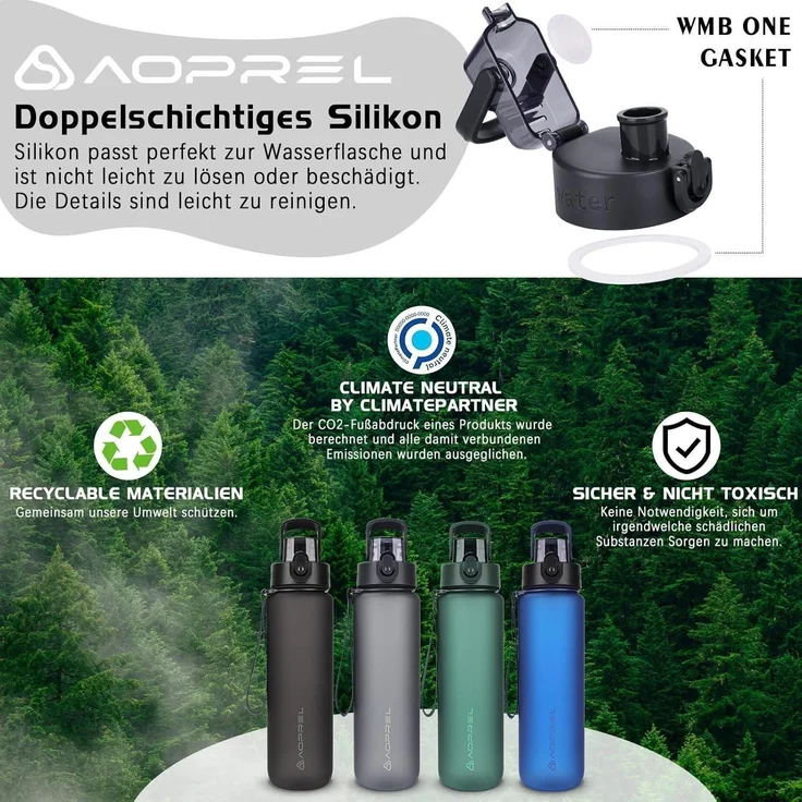 AOPREL Trinkflasche 1l BPA-Frei Tritan Sport Kohlensäure geeignet Grau – Bild 5