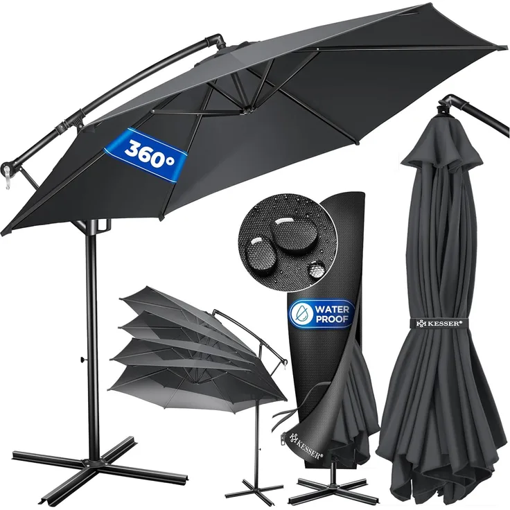 KESSER® Alu Ampelschirm Sonnenschirm + Abdeckung Ø350 cm & Kurbelvorrichtung Kurbelschirm mit Ständer UV-Schutz Aluminium Wasserabweisende Bespannung 360° Funktion Garten-Schirm Marktschirm Anthrazit