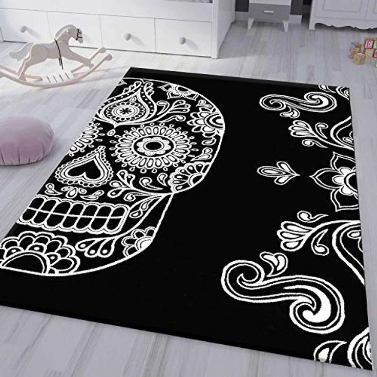 Vimoda Teppich Teppich Jugendzimmer Schlafzimmer Schwarz, Rechteckig, Höhe: 11 mm, Läufer Schwarz Skull Totenkopf Motiv – Bild 2