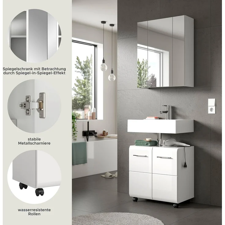 xonox. home – Badkombination Ice auf Rollen 60x185x30 cm in weiß Hochglanz – 2-teiliges Set inkl. Waschbeckenunterschrank auf Rollen & Spiegelschrank – Flexibel, modern & ideal für kompakte Badezimmer – Bild 6