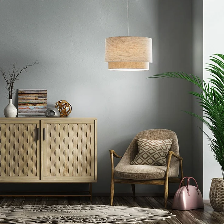 LED Pendelleuchte, Textil beige, H 150 cm – Bild 5