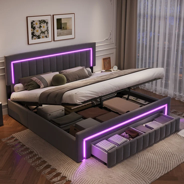 Polsterbett 180x200 cm mit LED-Beleuchtung, Samtbezug und Schubladen, Dunkelgrau – Ohne Matratze – Bild 8