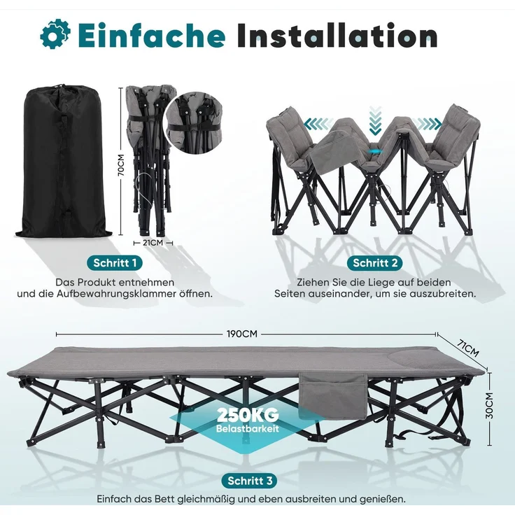 Sekey Campingbett bis 250kg, Feldbett mit integrierter Matratze, Klappbett mit Seitentasche & 14 Stützpunkten 190cm – Bild 8