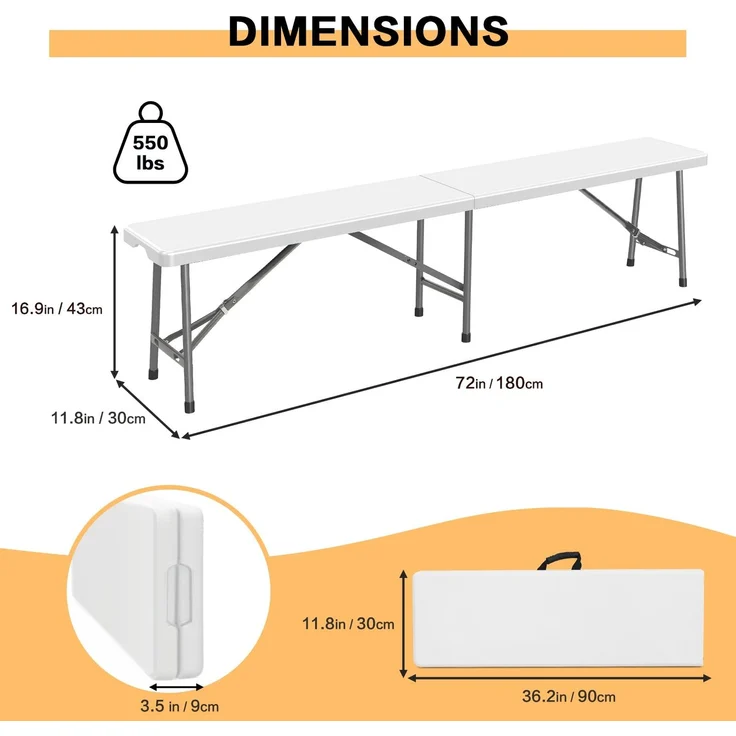 Todeco klappbarer Gartenbank 2er Set 183 x 43 x 30 cm, Bierbank Metall, Partybank für Camping BBQ Party Buffet Hochzeit, Weiß – Bild 3