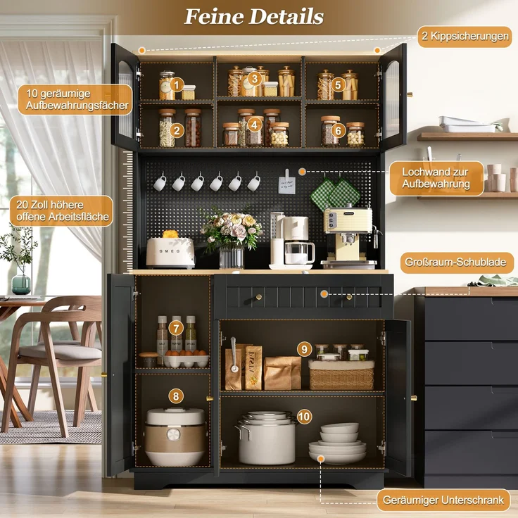 Vitrinenschrank mit Tür, Küchenschrank, Hochschrank, verstellbaren Einlegeböden, Lochblech,Schwarz , 103.5× 40 × 180 cm--Schwarz--103.5x40x180cm--YOUDENOVA – Bild 9