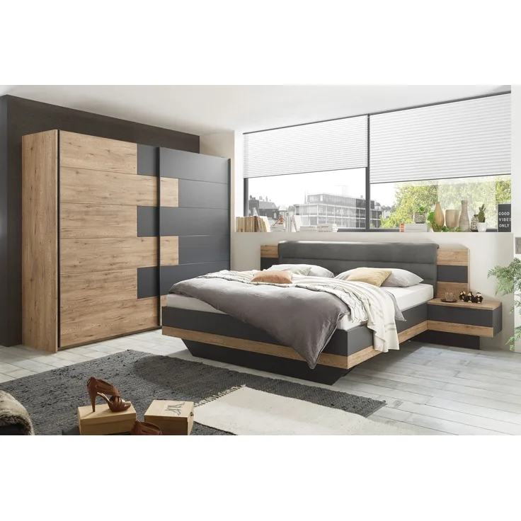 Schlafzimmer-Set >LINEA< (2-teilig) Bartex Eiche/Graphit, Schrank 280x215x58, Bett 296x97x210