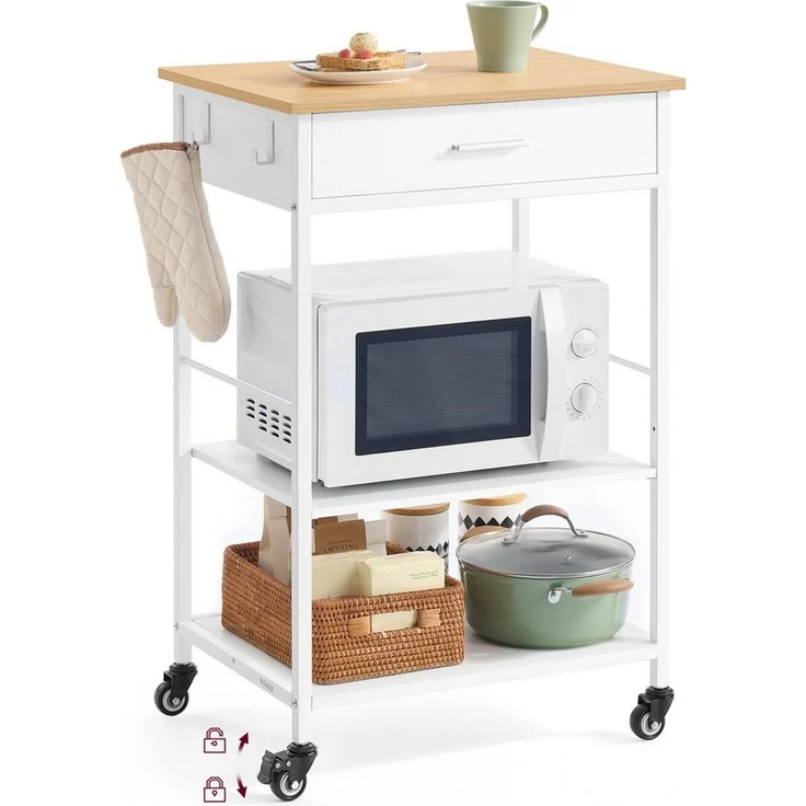 VASAGLE Küchewagen mit Rollen, mobiler Servierwagen mit Stauraum, Kücheninsel, 47 x 60 x 90 cm, Schublade, 2 Haken, für Esszimmer, eichenbeige-mattweiß – Bild 5