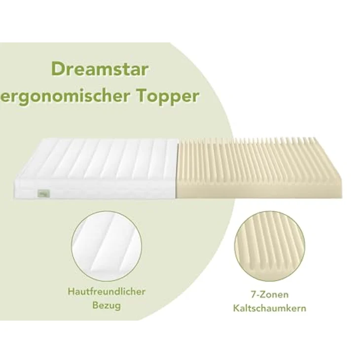 TB Furniture DREAMSTAR Easy Flex Ergonomischer Matratzentopper, 90 x 200 cm, 10 cm, wendbar mit H2 und H3 Härtegraden, 7-Zonen Kaltschaumkern, klimatisierter Mikrofaserbezug – Bild 4