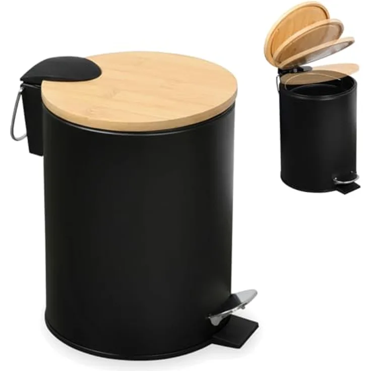 LS-LebenStil Tretmülleimer 3L Schwarz Matt, Rund mit Softclose Holz Deckel und Fußpedal, Kosmetikeimer für Bad und Büro