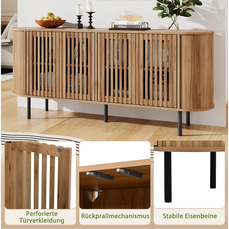 DESVIAE Sideboard Naturholzfarbe aus MDF – 160x70x40 cm – 4 perforierte Schiebetüren – Bild 6