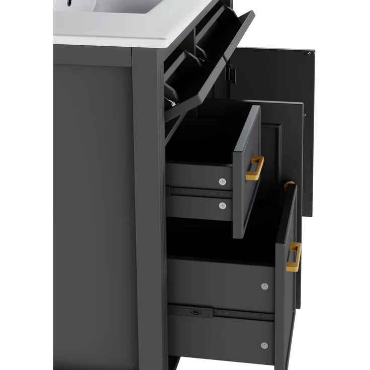 Freistehender Waschtisch 91x46,5x87 cm mit Keramikbecken und Schubladen – Schwarz – Bild 10
