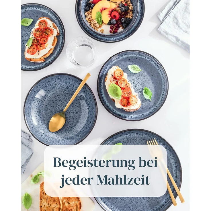 Steingut Geschirrset 4 Personen Ibiza 16-tlg - Hochwertiges Mediterranes Steingut Geschirr Set - Schüssel- und Teller Set - Tafelservice 4 Personen - Geschirrsets Pure Living Schwarz Rauchblau – Bild 4