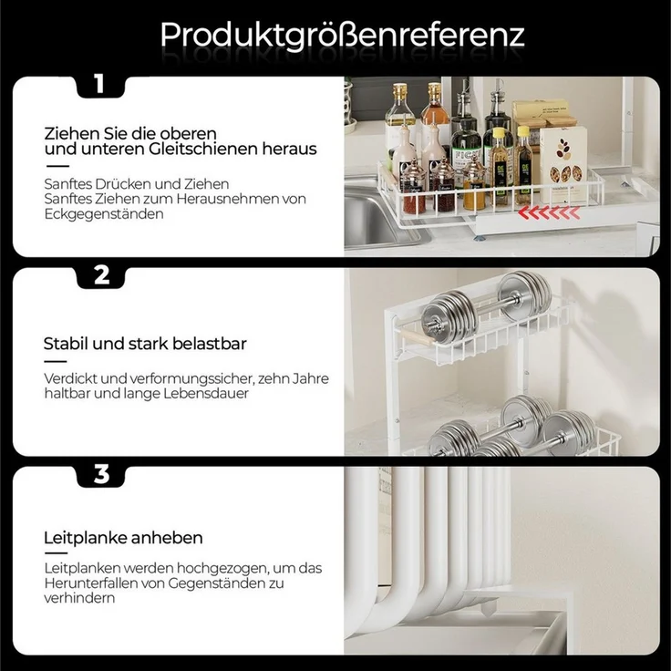 Rhein Beleuchtung Küchenorganizer-Set L-Design Küchenunterschrank Organizer Regal Weiß, 2-stufig, (Set, 1-tlg, Küchen Organizer & Küchenregal für Bad/Küche – kompakt & robust), Ausziehbarer Schrank Organizer – ohne Bohren & flexibel verstellbar – Bild 3