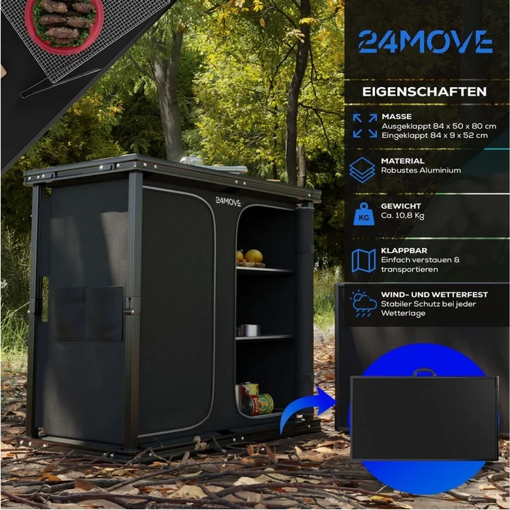 24Move Campingschrank Campingküche AVERSA faltbar, Aluminium Reiseküche mit Staufächern (Aluminium Reiseküche mit Staufächern, Campingküche AVERSA faltbar) Stabil, kompakt, mit Stauraum, leicht transportierbar, pflegeleicht – Bild 2