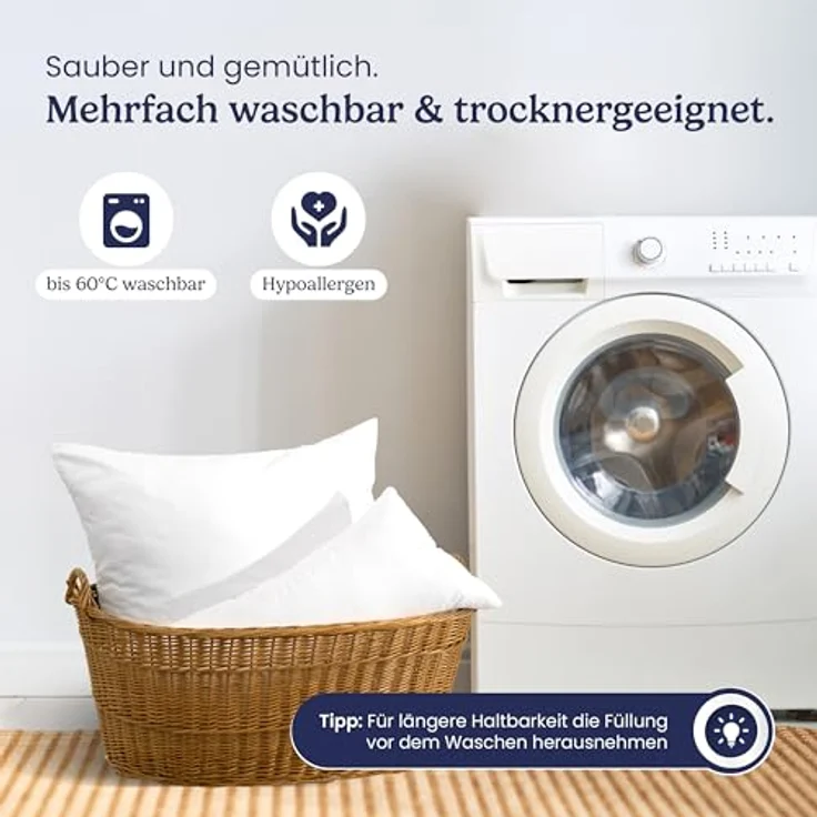 Gentle North Kopfkissen (60x60 cm groß) - 4er Set Kissen für Bett und als Dekokissen - Mit Reißverschluss für Füllung - Sofakissen - Zierkissen für Couch und Sofa - Ökotex - Waschbar bis 60° - Weiß – Bild 6