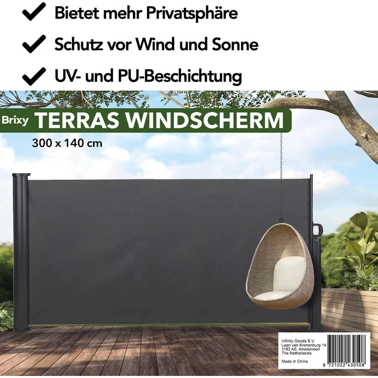 Brixy Ausziehbarer Windschutz – 300 x 140 cm – ausziehbar – Rollbar – Sonnenschutz – Garten, Strand, Terrasse, Balkon, Camping - Sichtschutz – Seitenmarkise – Wetterfest - Anthrazit – Bild 12