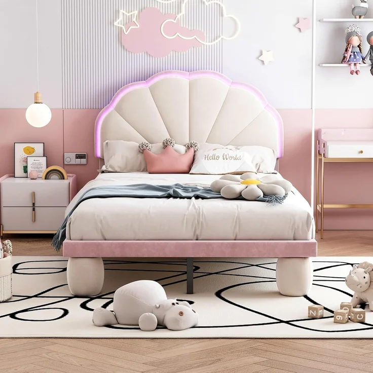 Ball & Cast Kinderbett (90x200 cm) mit Lichtstreifen, Polsterbett mit Wellengestriftem Kopfteil aus Samt, Einfach & Zeitsparend Montierbar, Beige+Rosa – Bild 3