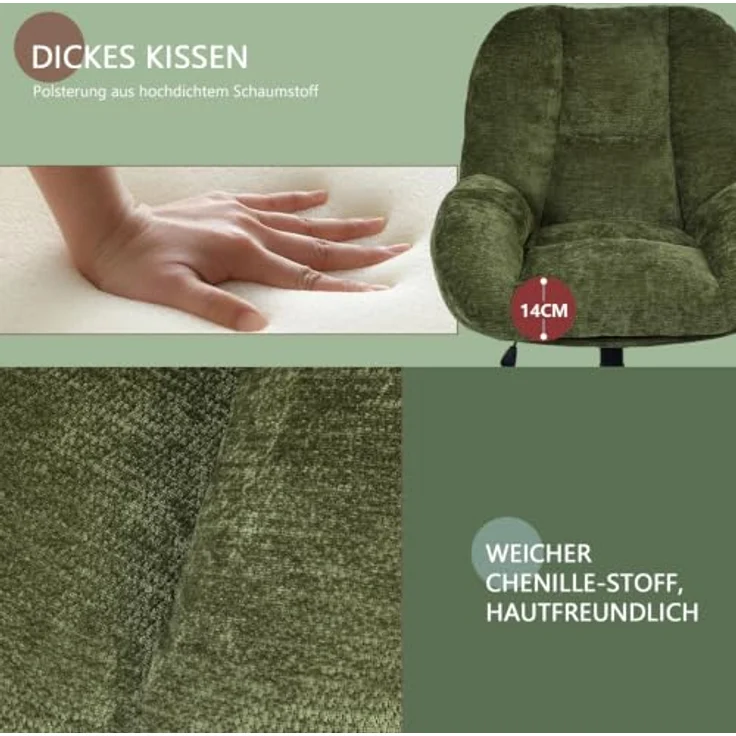 MEUBLE COSY Bürostuhl Ergonomisch Schreibtischstuhl mit höhenverstellbar Wippfunktion 360° Drehbar, aus Chenille-Stoff, ohne Rollen, Grün – Bild 5