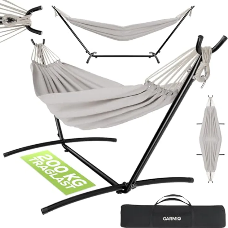 GARMIO Hängematte mit Gestell, 200kg Belastbarkeit, klappbar, inklusive Tragetasche und Zubehör, in Beige, 270x110x105cm